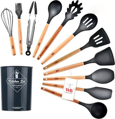 11Pcs Silicone Kitchen Cooking Utensils Set, Heat-Resistant Wooden Utensils/Premium Handles for Cooking &amp; Baking