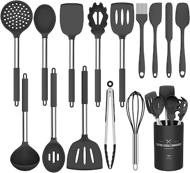 Silicone Cooking Utensil Set, 15pcs Silicone Cooking Kitchen Utensils Set, Non-stic - Best Kitchen Cookware with Stainless Steel Handle &ndash; Black
