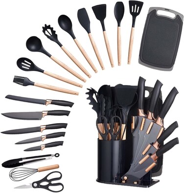 19-Piece Silicone Kitchen Utensil Set &ndash; Heat-Resistant Cooking Tools with Wooden Handles - Nonstick &amp; BPA-Free Stainless Steel Kitchen Utensil Set with Holder