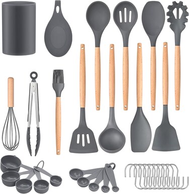 33 Pcs Silicone Cooking Utensils Kitchen Utensil Set - 446&deg;F Heat Resistant,Turner Tongs, Spatula, Spoon, Brush, Whisk, Wooden Handle Gray Kitchen Gadgets