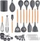 33 Pcs Silicone Cooking Utensils Kitchen Utensil Set - 446&deg;F Heat Resistant,Turner Tongs, Spatula, Spoon, Brush, Whisk, Wooden Handle Gray Kitchen Gadgets