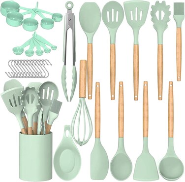 35 pcs Non-Stick Silicone Cooking Kitchen Utensils Spatula Set with Holder, Wooden Handle Silicone Kitchen Heat Resistant Gadgets Utensil Set (Green)