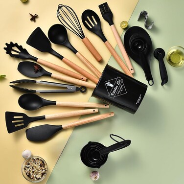 Silicone Cooking Utensils Set with Holder, 446℉ Heat-Resistant Silicone Kitchen Utensils Set, with Wooden Handle for Non-Stick Cookware, Black (34 PCS)