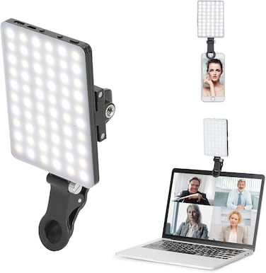 60 LED High Power Rechargeable Clip Fill Video Light with Front &amp; Back Clip, Adjusted 3 Light Modes for Phone, iPhone, Android, iPad, Laptop