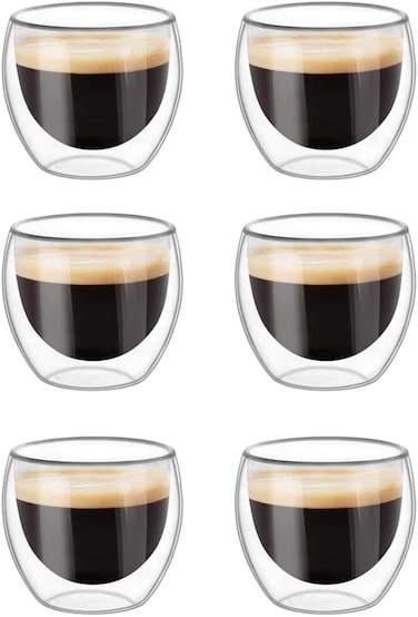 Double Wall Glasses for Coffee/Tea, Espresso Shot Glass Cup, Set of 6 Coffee Mug Perfect for Cappuccino, Latte, Turkish Tea, Milk and Beverage (80ml)