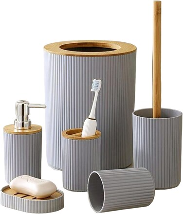 Bathroom Accessories Set, 6 Pieces, Toilet Brush, Soap Dispenser, Toothbrush Holder, Cup, Soap Dish, Trash Can (Gray R)