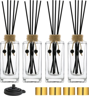 Diffuser Set of 4 - 5oz/155ml Clear Empty Essential Oil Diffuser Bottles with Caps and Reeds - Decorative Bottle Set - Bulk Reusable Apothecary Perfume Jar Gift