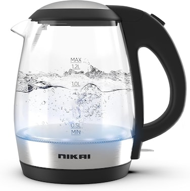 2200W Compact, Cordless Electric Glass Kettle Boiler, Automatic Shut Off, Boil Dry Protection, LED Indicator, Integrated Filter, 360&deg; Rotating Base, For Home &amp; Office Use