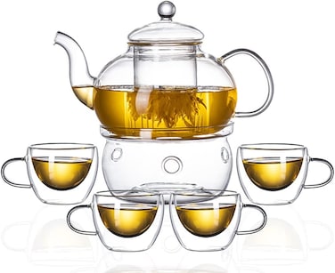 Glass Teapot Set, 600ml Stovetop Safe Glass Tea Kettle with 4 Double-Wall Tea Cups &amp; Loose Tea Infuser &amp; Tea Warmer