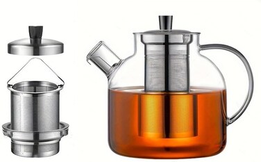 Glass Teapot with Removable Infuser, Stovetop Safe Large Tea Pot, Blooming and Loose Leaf Hand Crafted Kettle for Women and Adult with Stainless Infuser