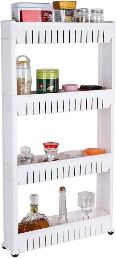 Storage Cart 4 Tier, Slim Rolling Storage Cart Kitchen Shelves Organizer For Kitchen Bathroom Laundry Office Narrow Places With Wheels White