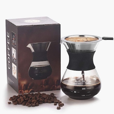 Coffee Maker Set-Pour Over Coffee Dripper with Reusable Stainless Steel Drip Filter Elegant Coffee Dripper Pot Glass Carafe &amp; Permanent Stainless Steel Filter