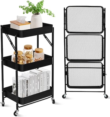 Radiotronics 3 Tier trolley organizer,Foldable Metal Rolling Utility Cart Organizer, Multipurpose Organizer Trolley with Casters for Kitchen, Bedroom, Bathroom