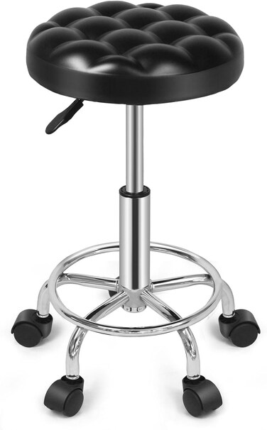 Round Rolling Stool: Vanity Chair with PU Leather Height Adjustable 360&deg; Swivel Stool with Wheels for Office Home Drafting Work Studio Shop SPA Salon