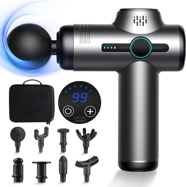 Massage Gun Deep Tissue, Necomi 99 Speeds Handheld Electric Muscle Massager Gun with 8 Massage Heads, Quiet Handheld Neck Back Massager for Muscle Pain Relief（Grey）