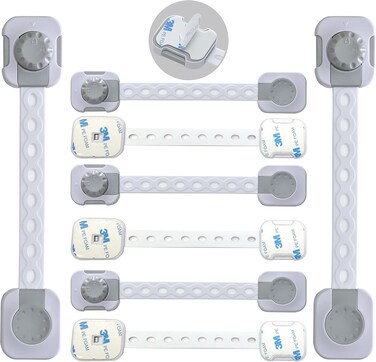 Adjustable Baby Safety Cabinet Locks, Pack of 8 Child Safety Cupboard Locks, 3M Adhesive Baby Proofing Locks for Cabinet, Drawers, Fridge and Closet Doors (White and Grey)