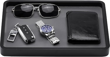 Wooden Valet Tray for Men, Wood Catch-All EDC Organizer, Nightstand, Entryway Bedside Dump Holder, for Wallets, Keys, Watches, Phones, Loose Change, Trinkets -Black