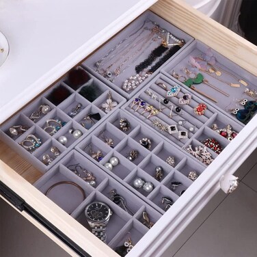 Set of 6 Stackable Jewelry Organizer Trays for Drawers, Velvet Jewelry Trays Organizer, Showcase Display for Ring Earring Necklace Pendants Bracelet