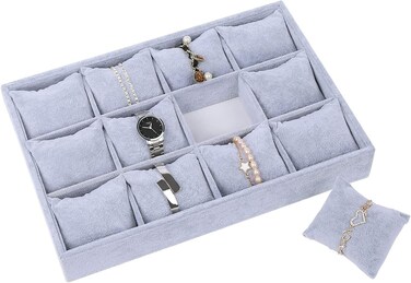 Watch Jewelry Tray Organizer Bracelet Display Showcase 12 Grid Pillows Without Lid Tray Jewelry Storage Holder Grey Velvet Gifts for Men Women Girls