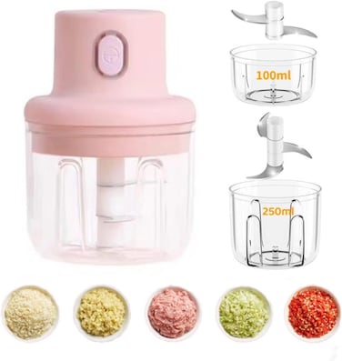 Multi-Function 3 Blades Wireless Electric Mini Food Chopper and Processor Blender, 100ml and 250ml (Pink)
