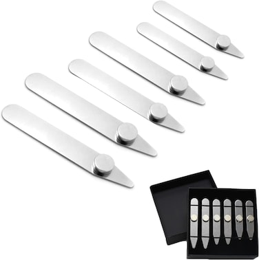 Collar Stays for Men's Dress Shirts - 6 Pieces Metal Collar Sticks, Corner Piece, Silver Holder Set