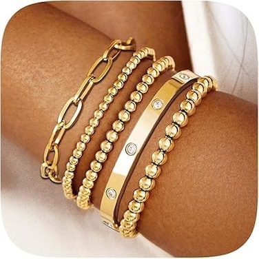 5 Pcs Gold Bracelets for Women 14k Gold Plated Bracelet, Beaded Bracelets Stretch Bead Ball Chain Layered Bracelet Stack Set, Love Cubic Zirconia Bangle Women Jewelry