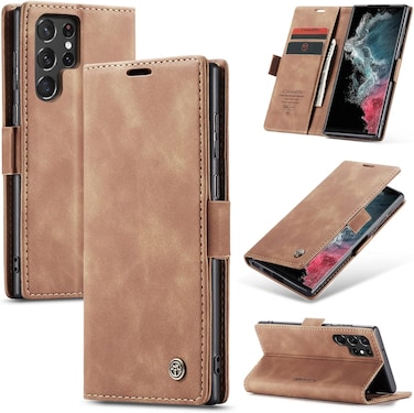Samsung S22 Ultra 5G Soft Slim Folio Flip PU Leather Wallet Case with 2 Cards Slot (brown)