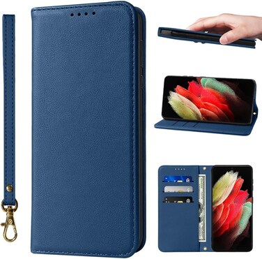 Samsung Galaxy S22 Ultra Case with Card Holder TPU Leather flip Wallet Hanging Rope Magnetic Folio Shockproof Proof Protective Galaxy S22 Ultra Cover-Sapphire Blue