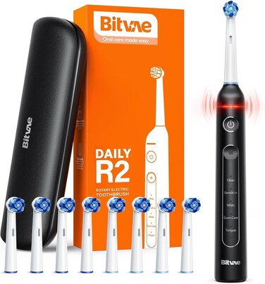 Rotating Electric Toothbrush for Adults with 8 Brush Heads, Travel Case, 5 Modes Rechargeable Power Toothbrush with Pressure Sensor, Black