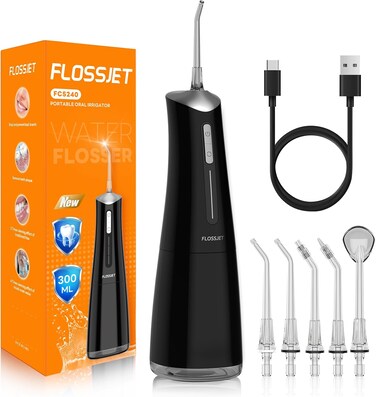 Water Dental Flosser for Teeth Cordless with 300ML 4 Cleaning Modes 5 Jet Tips Portable Oral Irrigator USB-Powered Electric Flosser IPX7 Waterproof Irrigator, Black