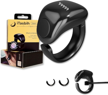 Digital Tasbeeh Counter with OLED Display &amp; APP Support, Magnetic Charging Muslim Islamic Ring, Waterproof Finger Counter for Muslims, Prayer, Reminder, Black