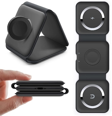 3 in 1 Wireless Charger, Wireless Charging Pad for all support wireless charging, USB Overheating Overload Protection Fast Magnetic Foldable Charging Station (Black)