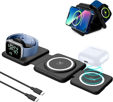 3 in 1 Wireless Charger, Foldable Magnetic Charging Stand, Cell Phone Charging Pad for iPhone 16/15/14/13/13 Pro 12/12 Pro/12 Pro Max