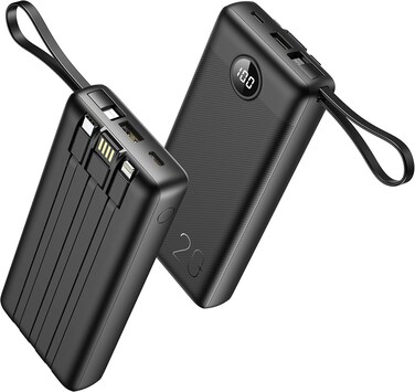 Portable Charger 20000mAh, Built-in Cable Fast Charging Power Bank, PD QC 3.0 USB C Battery Pack LED Display, 4 Output &amp; 2 Input Phone Charger for iPhone，Samsung, Android-Black