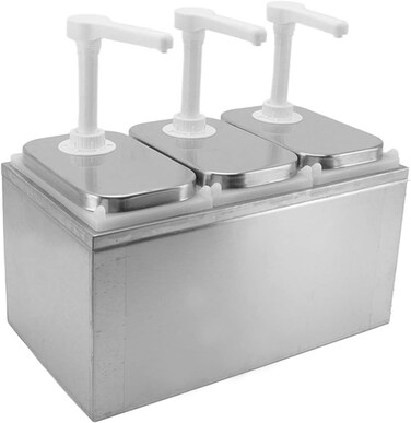 Stainless Steel Condiment Pump Station with 35ml Squeeze Capacity, Condiment Pump Dispenser for Salad Jam Seasoning Sauce Squeezer(2L Triple Pump)