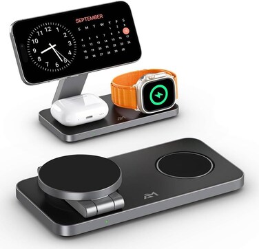 Foldable 3 in 1 Wireless Charging Station for Apple Compatible with Magsafe Wireless Charger Station for iPhone 16 15 14 13 12 Series, Airpods Pro, Apple Watch (Black)