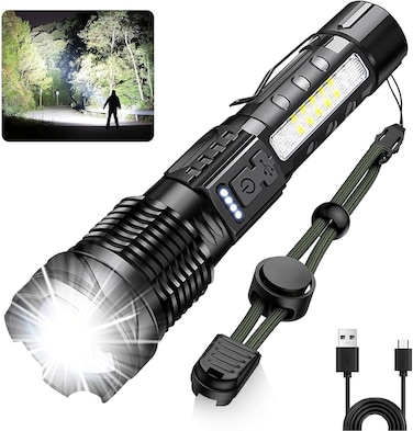 Flashlight LED Rechargeable, Torch Light, 10000Lumens with 7 Light Modes Flash Light, IPX6 Waterproof, Zoomable, Handheld Emergency Light