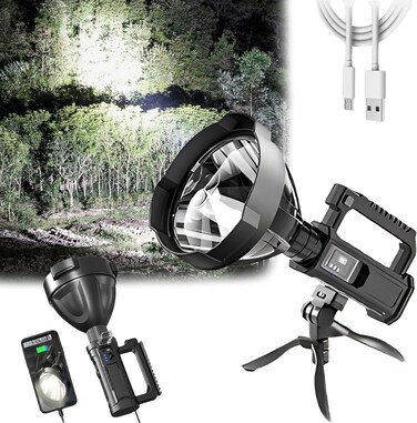 Rechargeable Spotlight Flashlights, Super Bright LED Searchlight Flashlight Waterproof 4 Modes Handheld Spotlight with Tripod for Emergencies