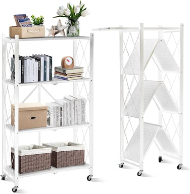 Foldable Storage Organizer 4 Tier, Storage Shelves Kitchen Cabinet Storage Rack, Shelf Storage Multipurpose Rack for Living Room Bedroom Kitchen Garage White