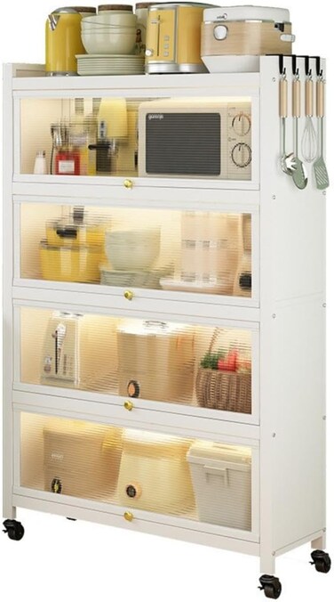 Heavy Metal Shelf with 4 Door Bookshelf Bookcase with 4 Wheels Storage Rack Organizer Workstation for Kitchen Home Office Pantry Study (White 144 * 80 * 32cm)