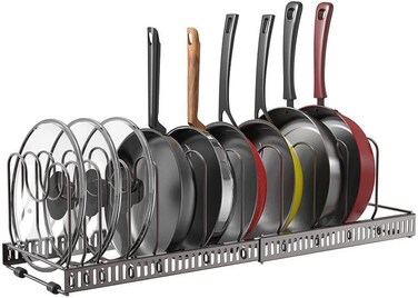 Radiotronics Pot and Pan Organizers Rack : Expandable Pot Lid Organizer Holder with 10 Adjustable Compartment Cookware Plate Rack for Kitchen Cabinet Black