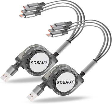 Multi USB Charger Cable Retractable 3 in 1 Multiple Charging Cord Adapter with Phone Type C Micro USB Port Connectors Compatible with Cell Phones