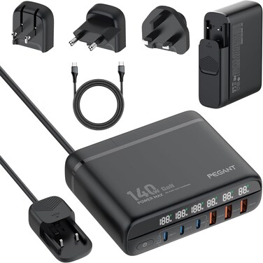 140W GaN USB-C Charger, 6-Port Fast Charging Station with PD3.0 &amp; QC5.0, Desktop/Wall Travel Adapter with UK/EU/US Plugs