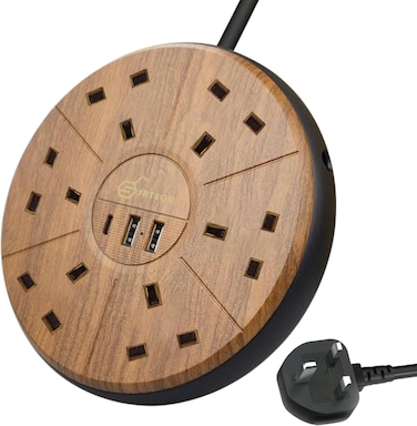 Sleek Power Strip Surge Protector 6 AC outlets with PD USB C/2A Ports Extension Cord Circular Flat Plug Widely Spaced Multi socket Circuit Breaker (Wood Grain, 2 Meters Cord)