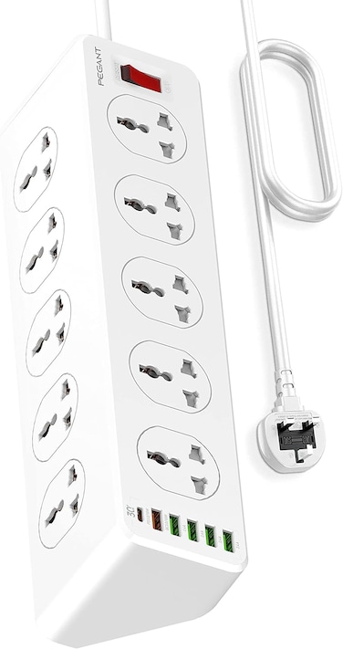 10 Way Power Extension Cord Surge Protector Strip Heavy Duty Universal Electrical Socket 5x USB-A 1x USB-C PD 30W Total 2M Cable (2M)