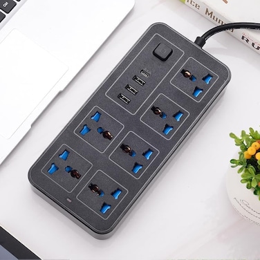 Universal Extension Lead - UK Plug 6 Socket Outlet with Multiple Gangs, 3 USB and 1 USB C Ports, and Overload Protection   2M Electric Socket Mains Strip