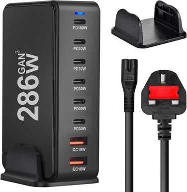 286W USB A&amp;USB C Charging Station,6 Type-C Ports 【1&times;100W, 5x 30W】 and 2 USB Ports Charge Charging Station Type-C Hub, Fast Charge Wall Plug with 1.5m Power Cord Black