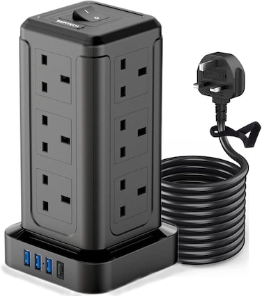 20W PD USB-C 16-in-1 Extension Cord Tower Outlets, 12 Protected UK-UAE Power Sockets &amp; 4 USB Charging Ports, Ultimate Space-Saving for Multi Big Plugs