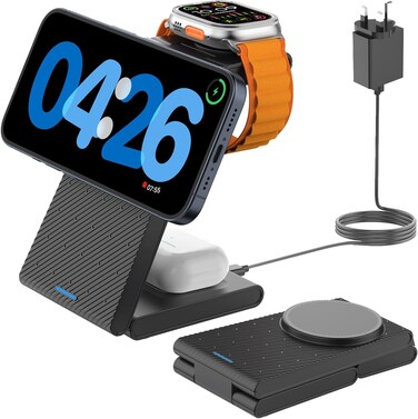 3 in 1 Wireless Charging Station, Foldable Magnetic Charger Stand for Multiple Devices, Wireless Charger for iPhone, Apple Watch, AirPods