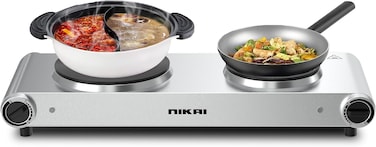 Double Hot Plate - Twin Cooktop, 2500W Power, Adjustable Thermostat, Overheat Protection, Die Cast Iron Hotplates, Stainless Steel Body, Easy Control, Power indicator light